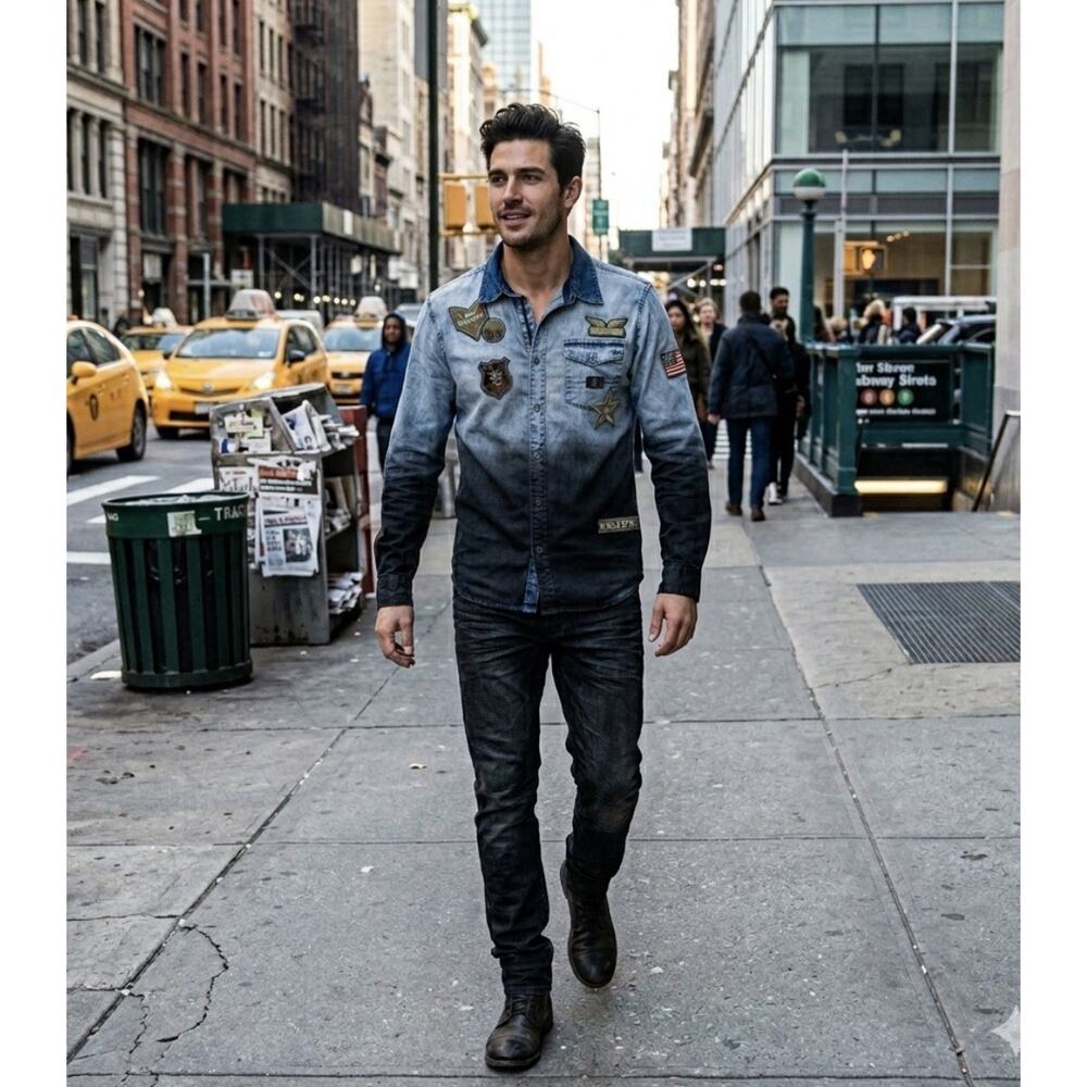 DSTRKT Denim Shirt Dip Dye Military Patch Streetwear USA Urban Moto Style Sz L